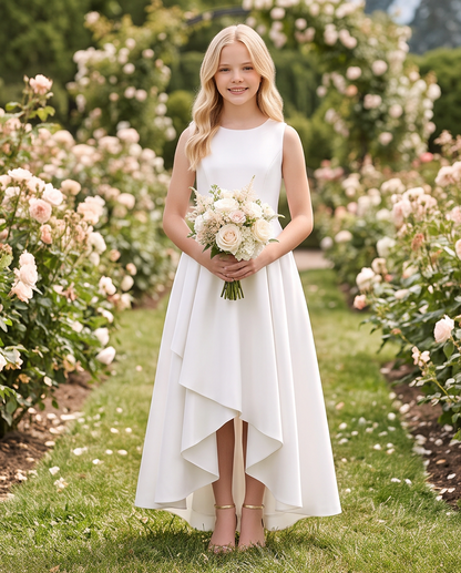 A young blonde girl stands in a garden wearing a sleeveless white high-low dress and holding a bouquet of cream and pink flowers.