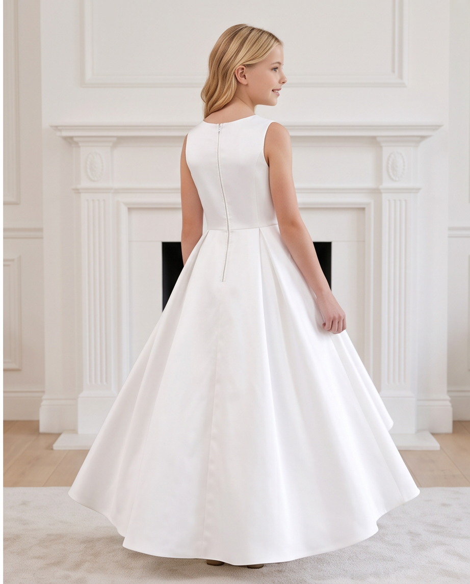 A young girl wearing a sleeveless white A-line wedding dress, shown from the back in a bright room with a white fireplace.