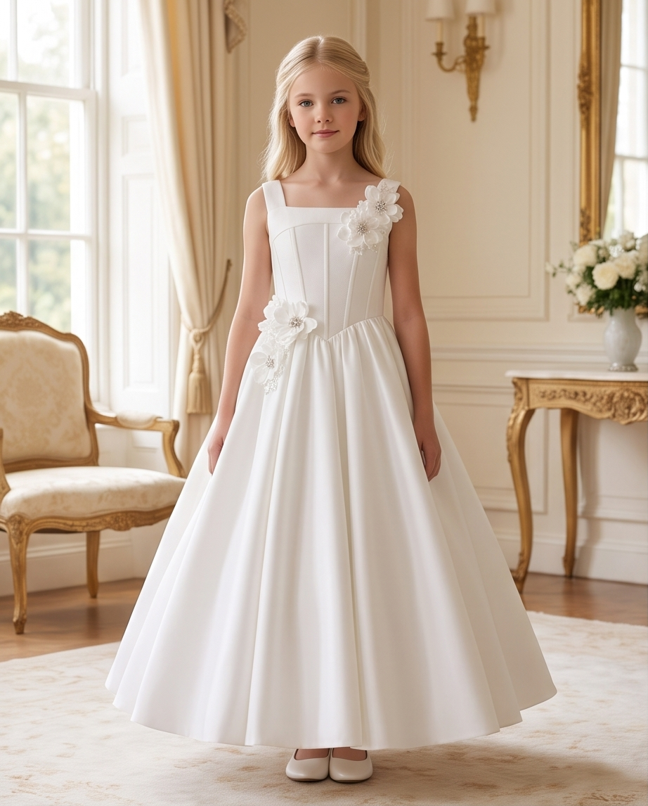 Girl wearing white satin communion dress elegant pose