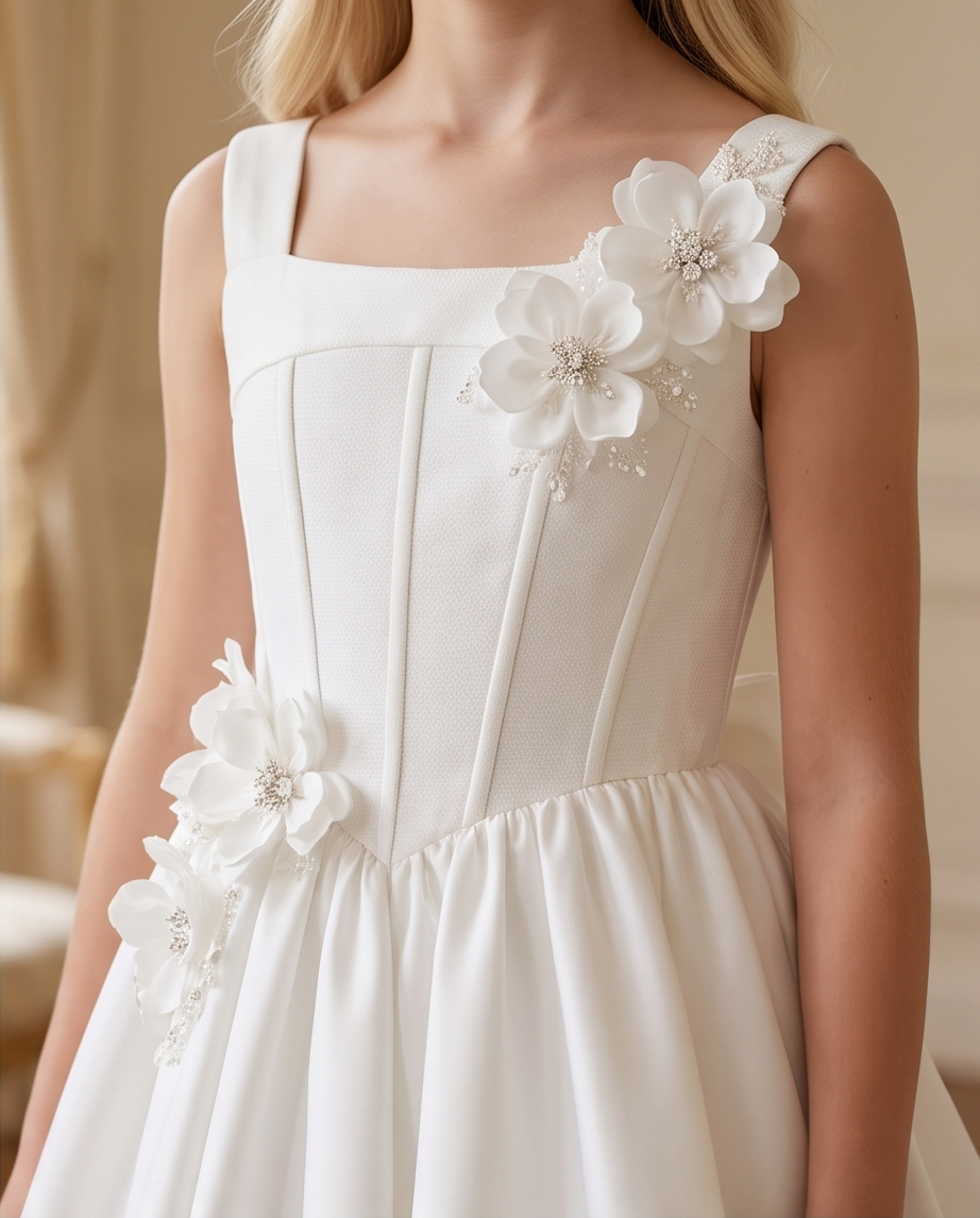 Girl wearing white satin communion dress smiling front view