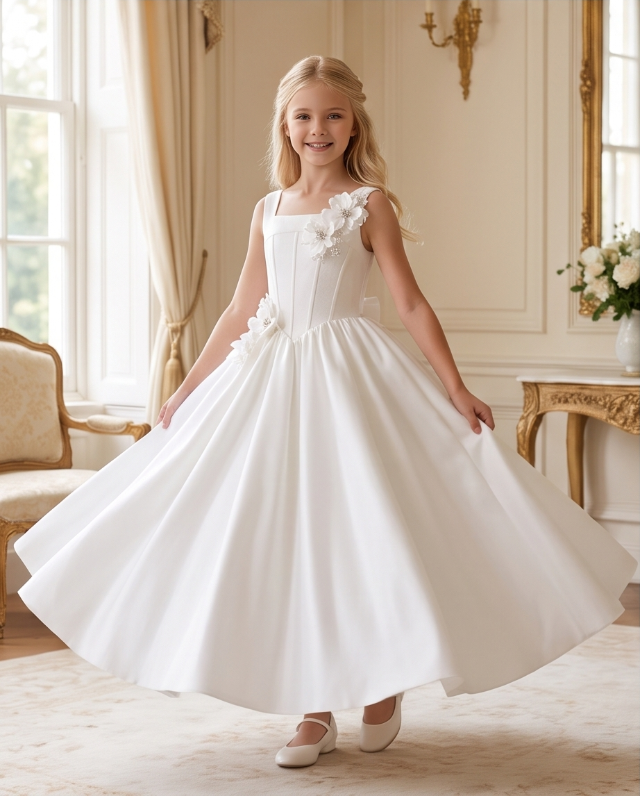 Girl wearing white satin communion dress in bright natural light