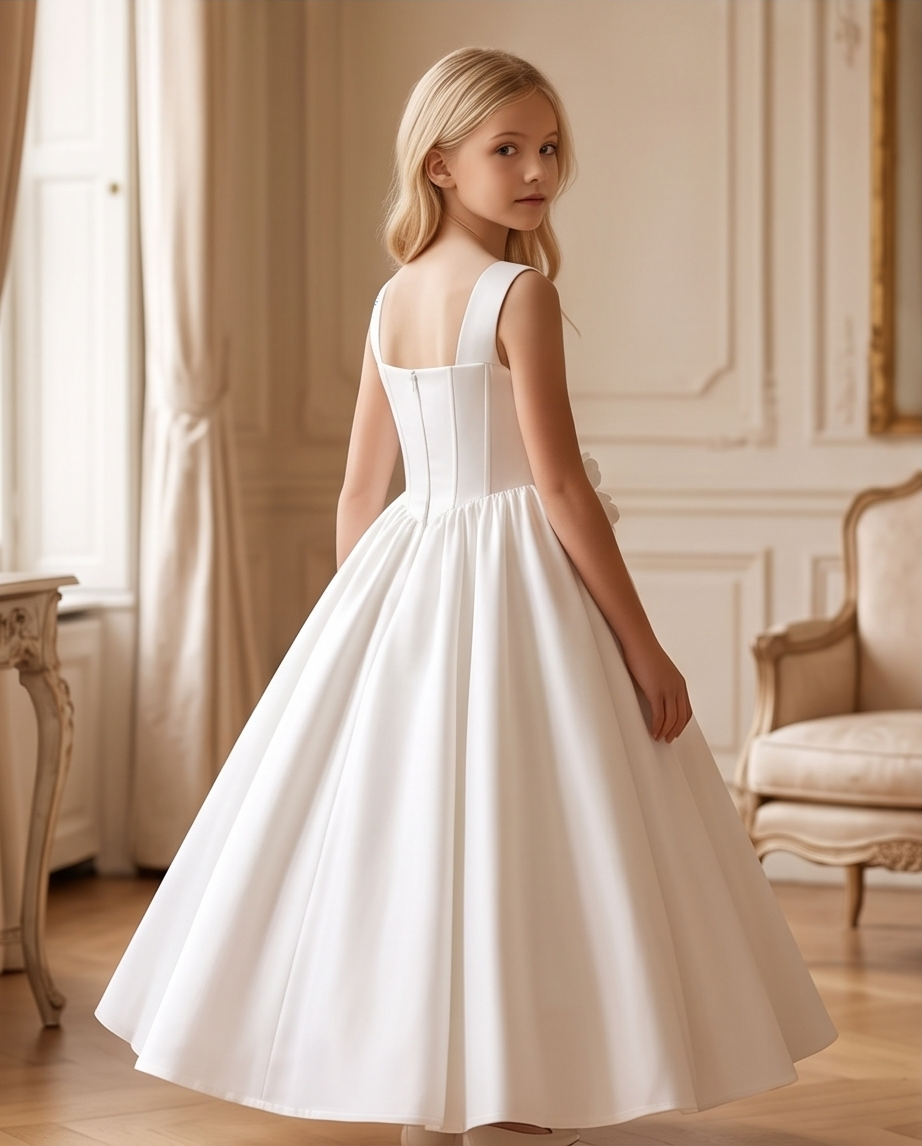 Girl wearing white satin communion dress full length side view