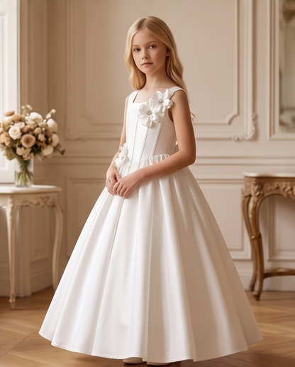 Girl wearing white satin communion dress standing in elegant room