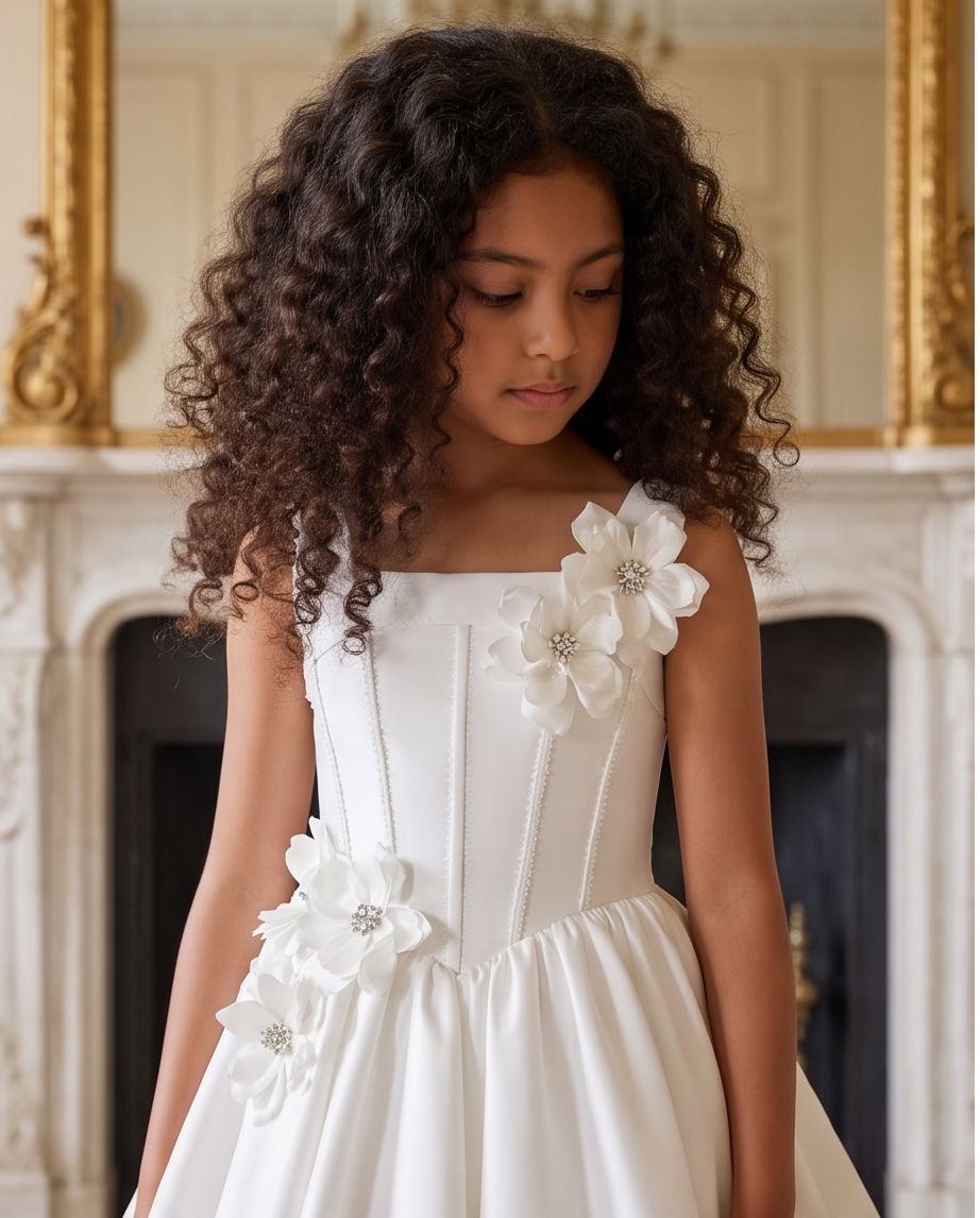 Girl twirling in white satin communion dress with 3D floral detail