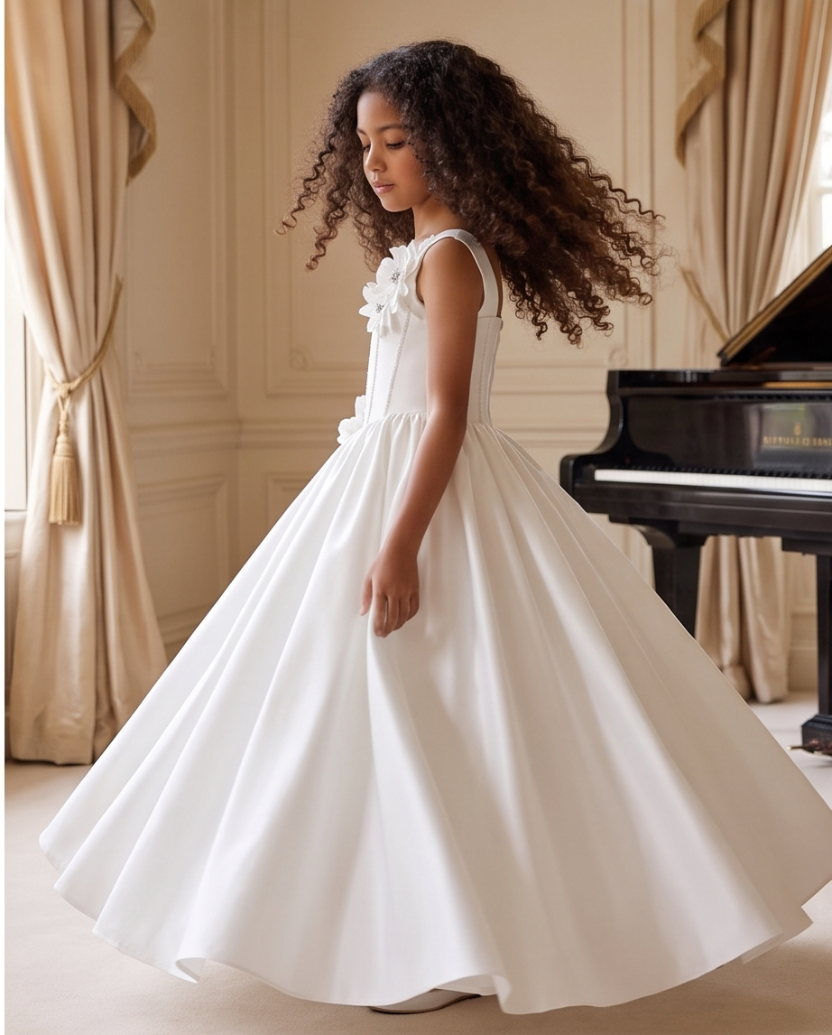 Girl wearing white satin communion dress back view showing zip closure