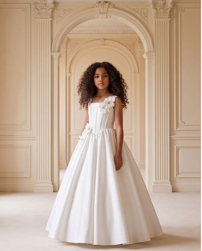 Girl wearing white satin communion dress with 3D floral detail front view