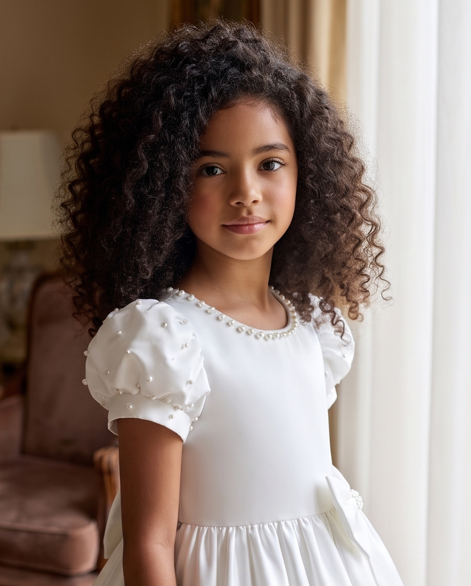 Girl wearing white satin communion dress with pearl neckline and bow front view