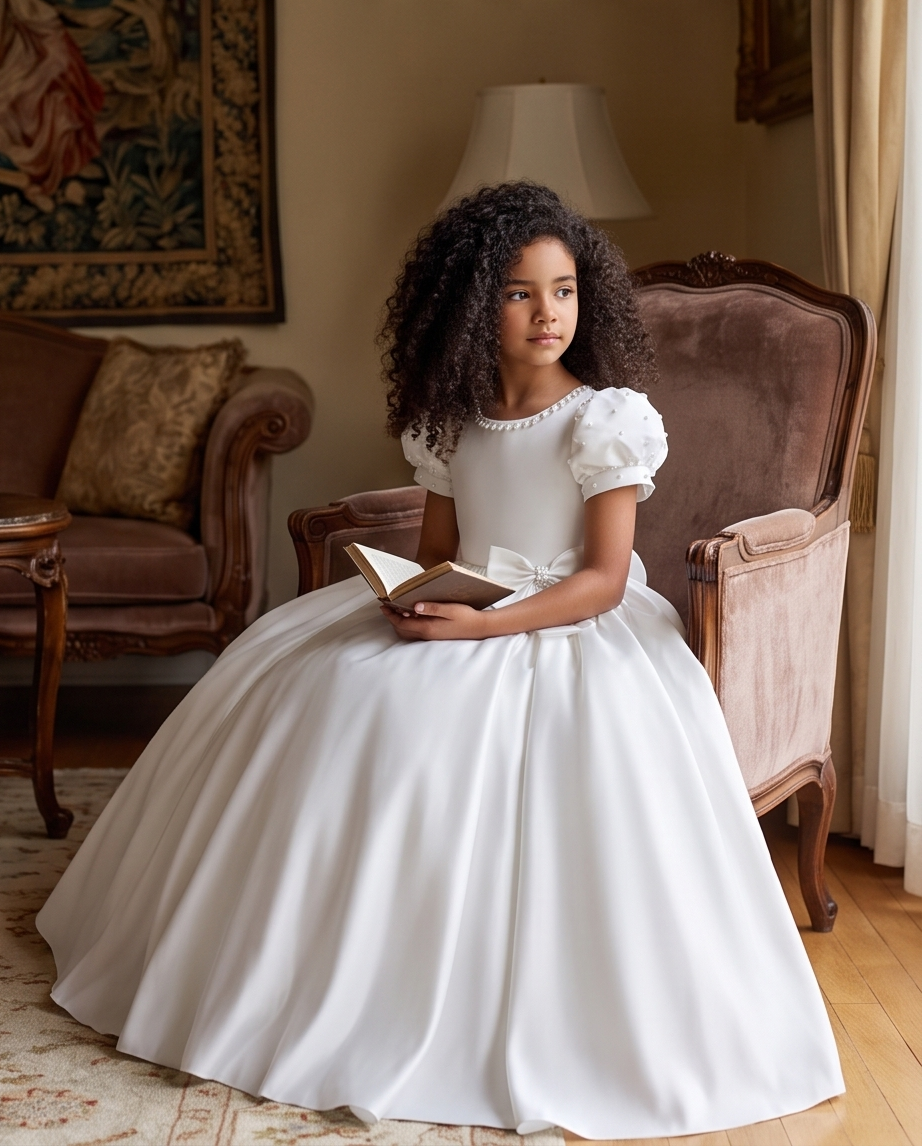 Close-up of satin bow with pearl button centre on communion dress