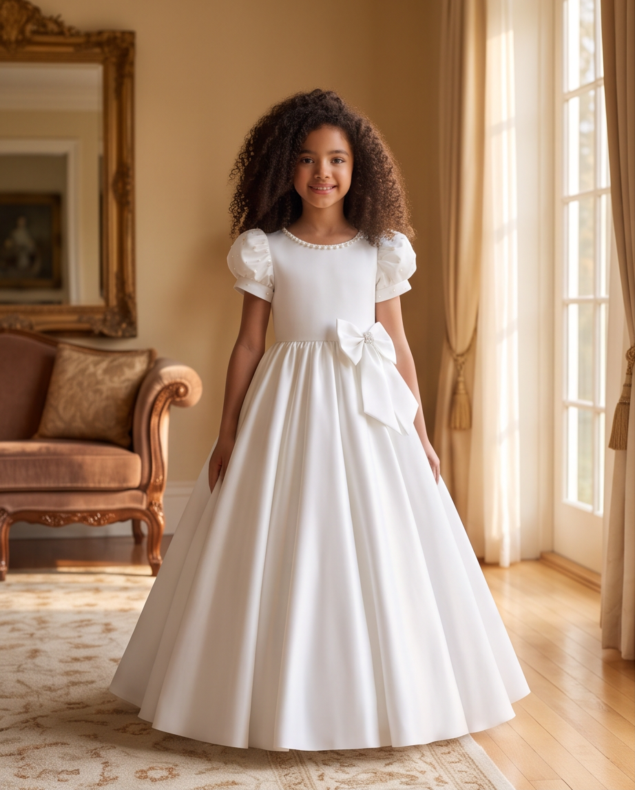 A young girl with curly dark hair stands in a sunlit room wearing a formal white ball gown with puff sleeves, a round neckline, and a large bow at the waist.