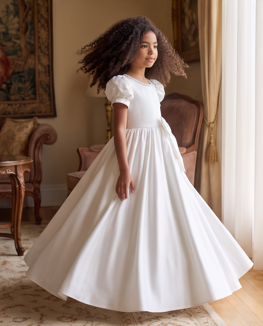 A young girl with voluminous curly hair wearing a white first communion dress with short puff sleeves and a full skirt, standing in a beautifully decorated room with warm beige walls, curtains, and wooden furniture.