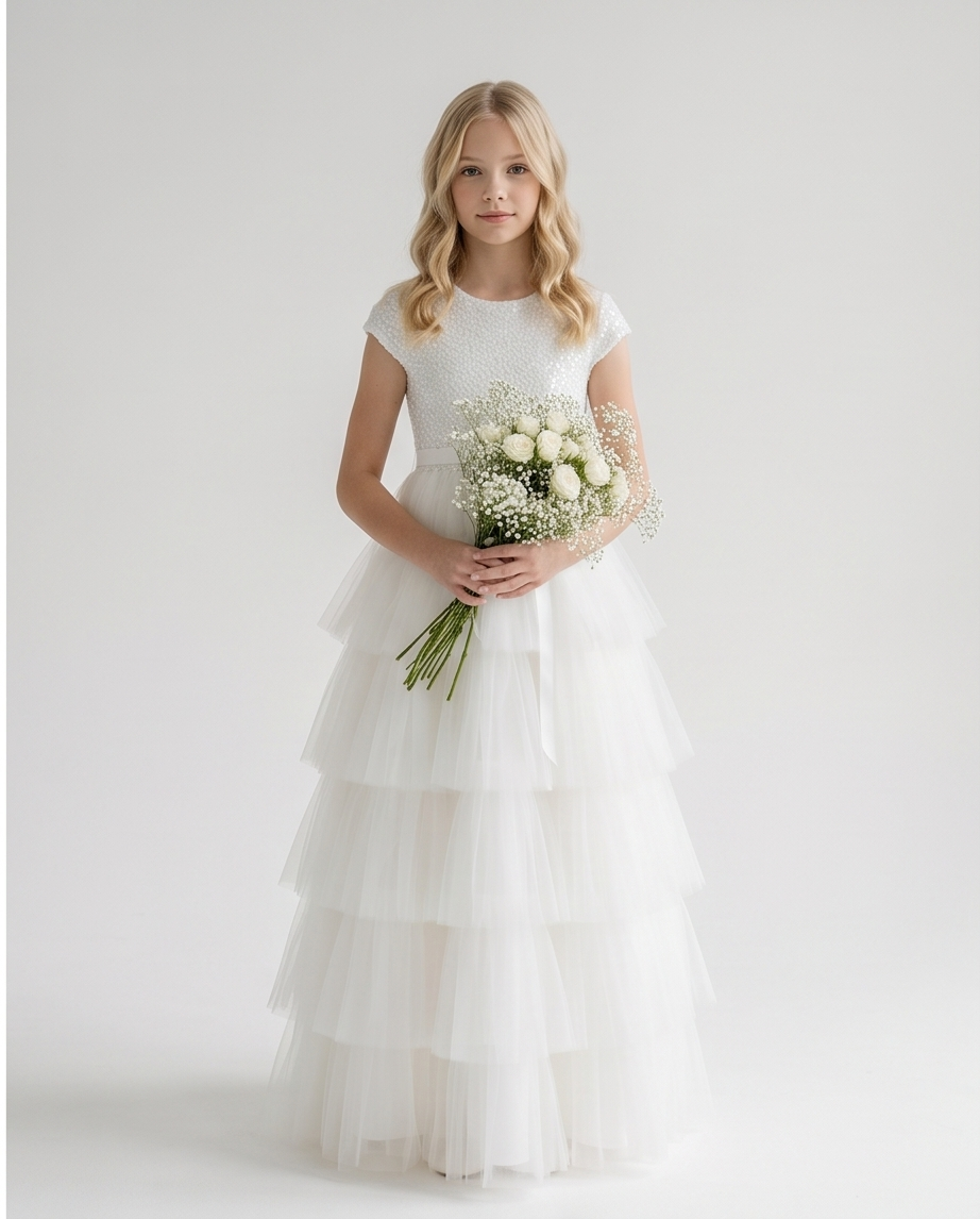 Girl wearing white sequin communion dress full length lifestyle view