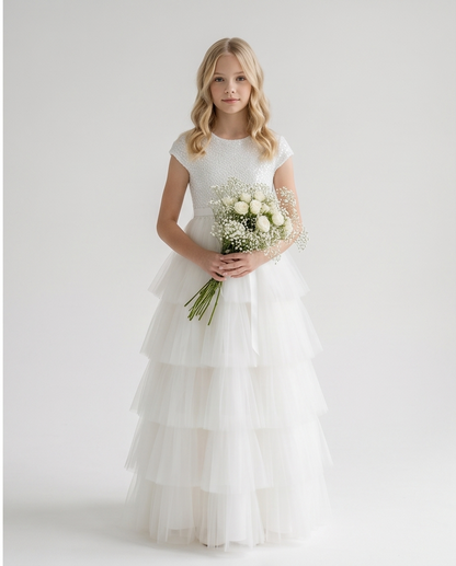 Girl wearing white sequin communion dress full length lifestyle view