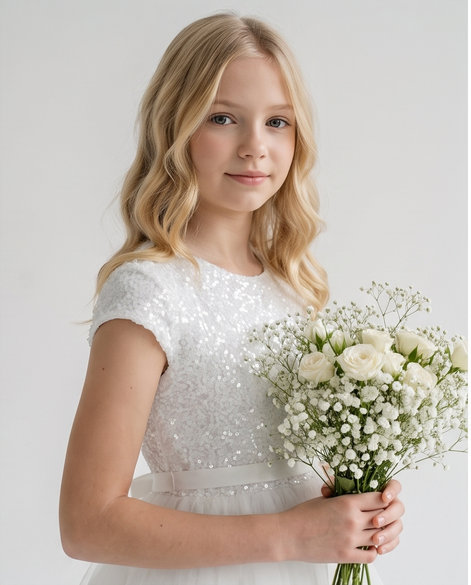 Girl wearing white sequin communion dress lifestyle image in elegant room