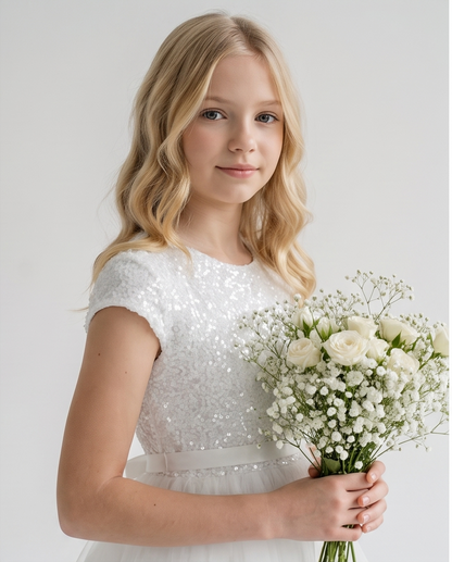 Girl wearing white sequin communion dress lifestyle image in elegant room