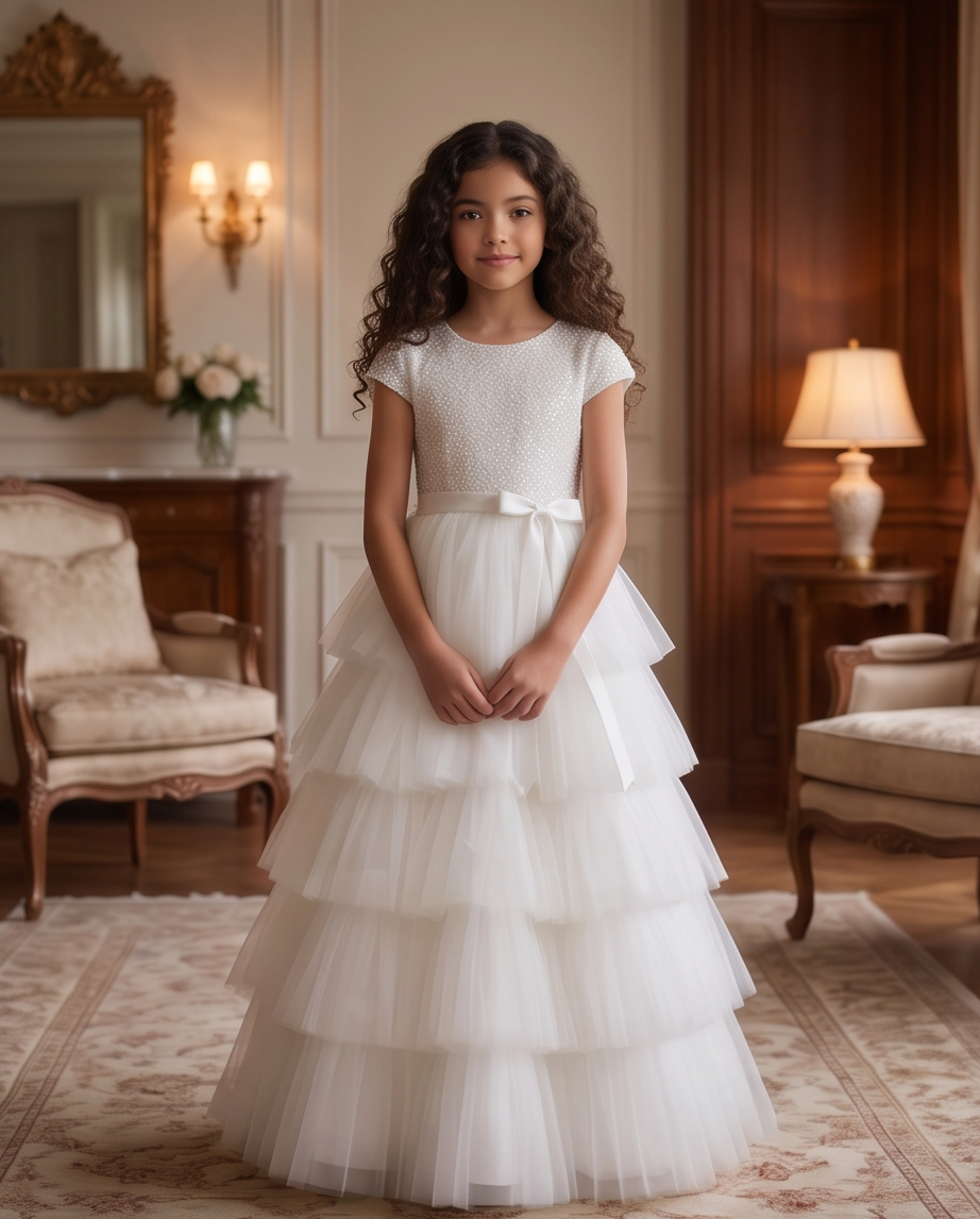 Girl wearing white sequin communion dress elegant pose with bouquet