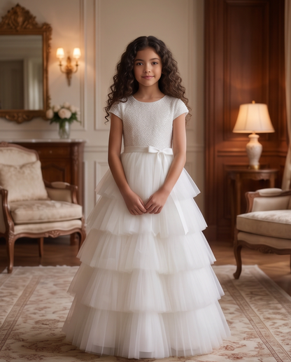 Girl wearing white sequin communion dress elegant pose with bouquet