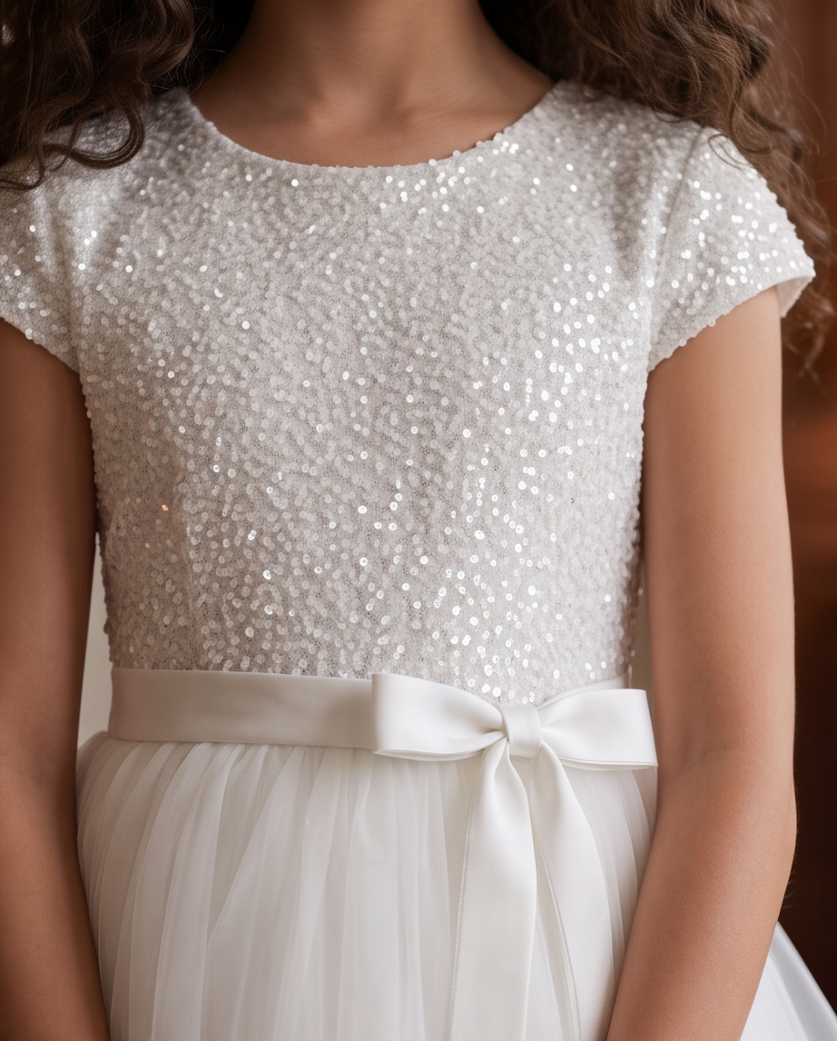 Close-up of sequin bodice and satin bow on communion dress