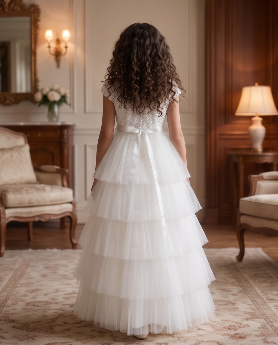 Girl wearing white sequin bodice communion dress with tiered tulle skirt front view