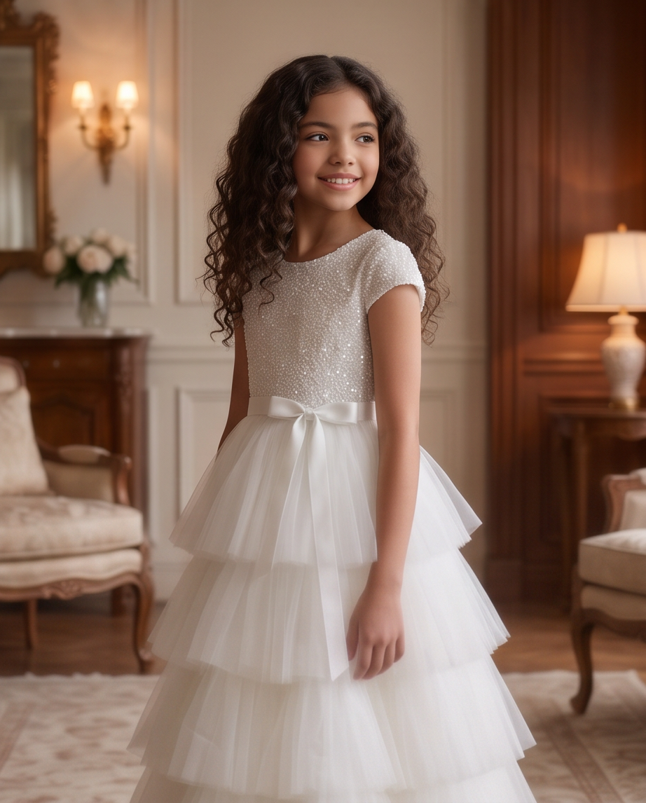 Girl wearing white sequin bodice communion dress full length with bouquet