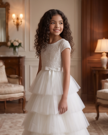 Girl wearing white sequin bodice communion dress full length with bouquet