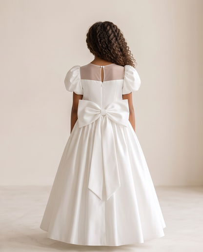 Girl wearing white satin communion dress back view showing bow and keyhole closure