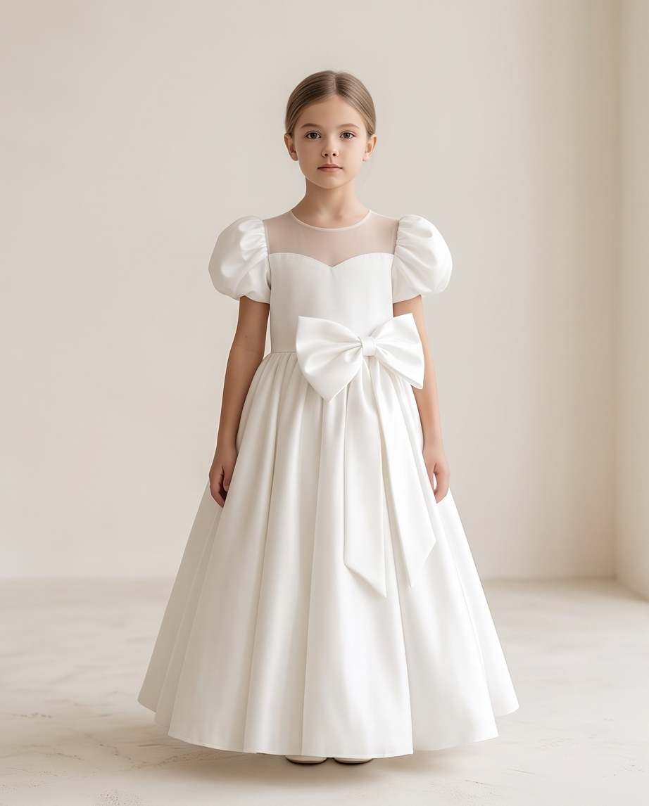 Girl wearing white satin communion dress full length elegant pose