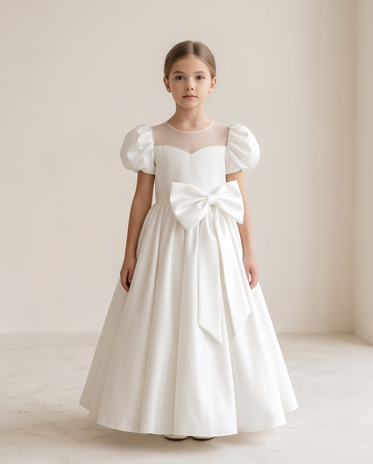 Girl wearing white satin communion dress full length elegant pose