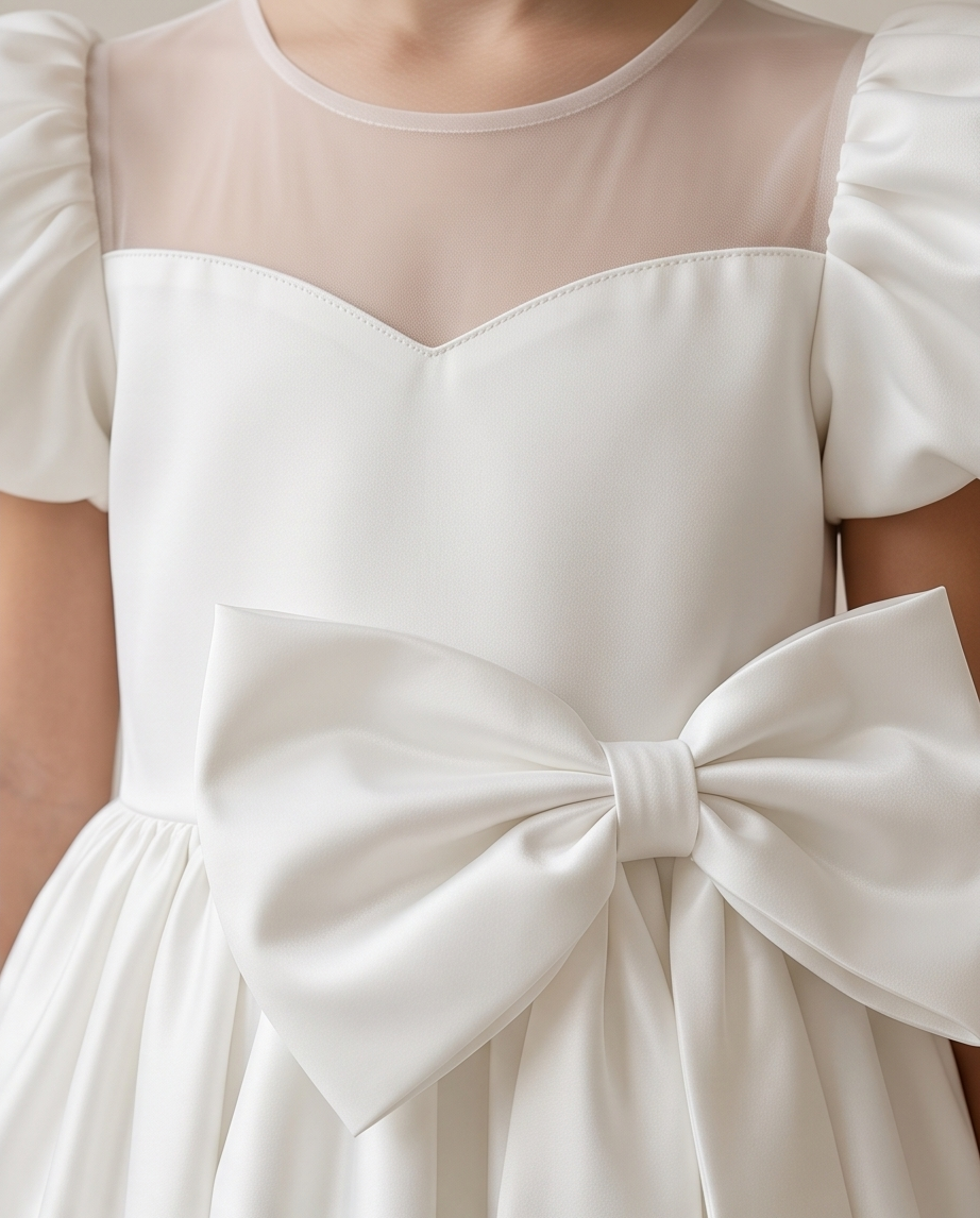 Close-up of oversized satin bow at waist on communion dress
