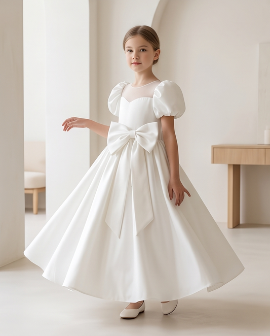 Close-up of illusion neckline and sweetheart bodice detail on communion dress