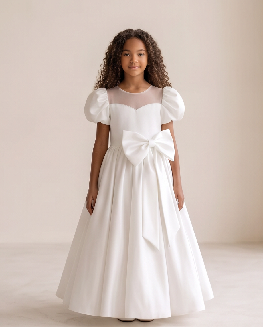 Girl twirling in white satin communion dress with illusion neckline