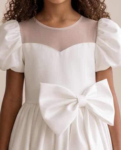 Girl wearing white satin communion dress with puff sleeves full length front view