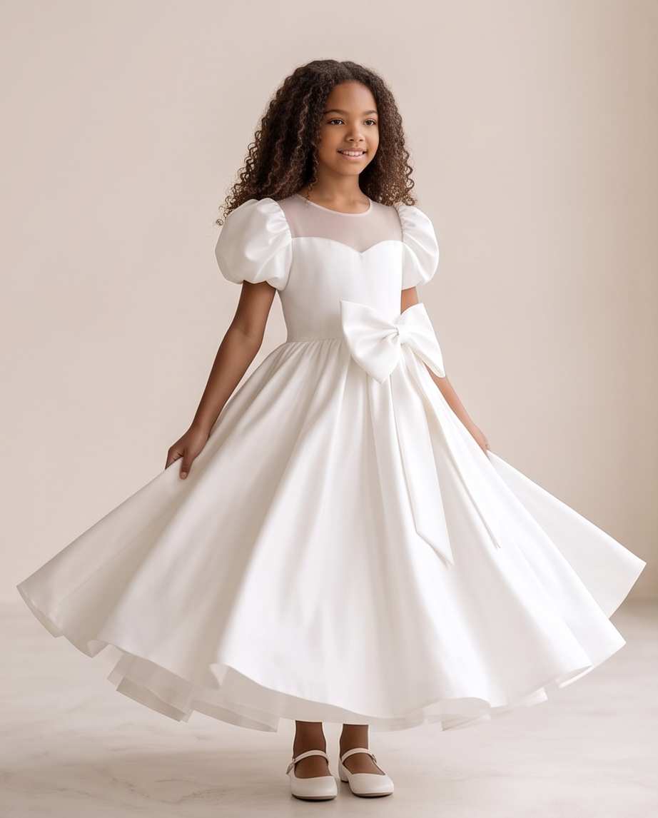 Girl wearing white satin communion dress with illusion neckline and bow front view