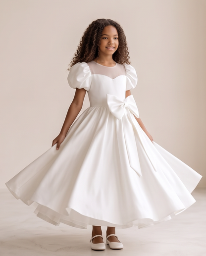 Girl wearing white satin communion dress with illusion neckline and bow front view
