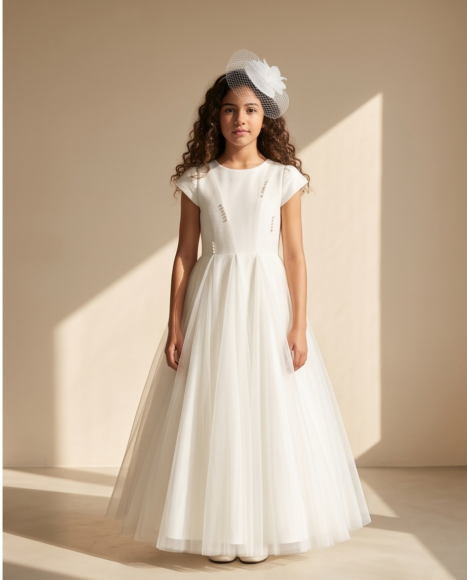 Close-up of scattered pearl cluster detail on white communion dress bodice