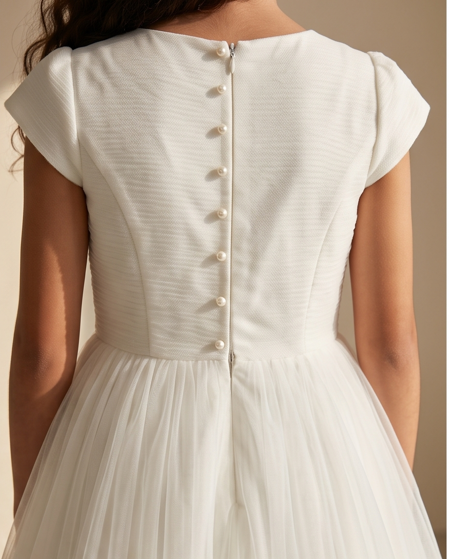 Girl wearing white pearl detail communion dress full length elegant pose