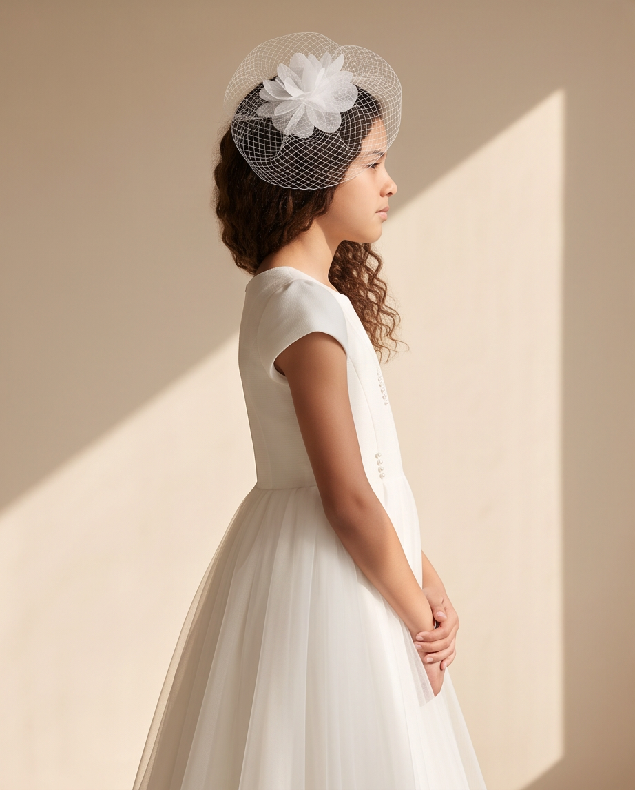 Girl wearing white pearl detail communion dress side profile view with fascinator
