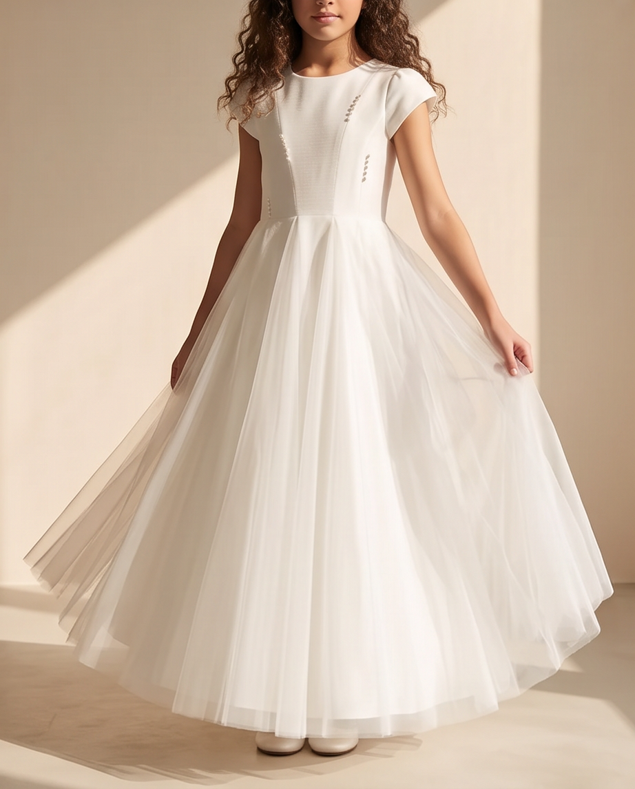 Girl wearing white pearl detail communion dress with tulle skirt twirling full length view