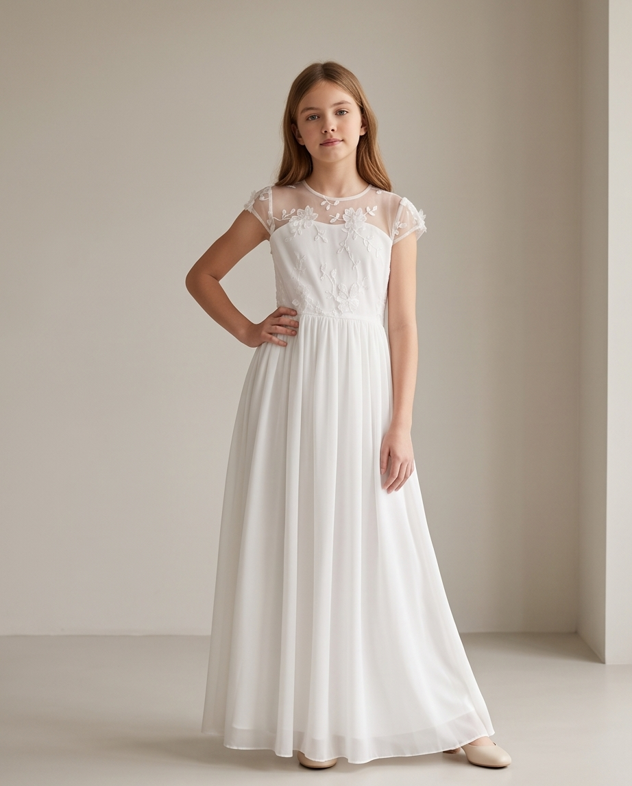 A young girl modeling a long white formal dress with a sheer lace bodice, cap sleeves, and a flowing chiffon skirt, standing in a minimalist beige room.