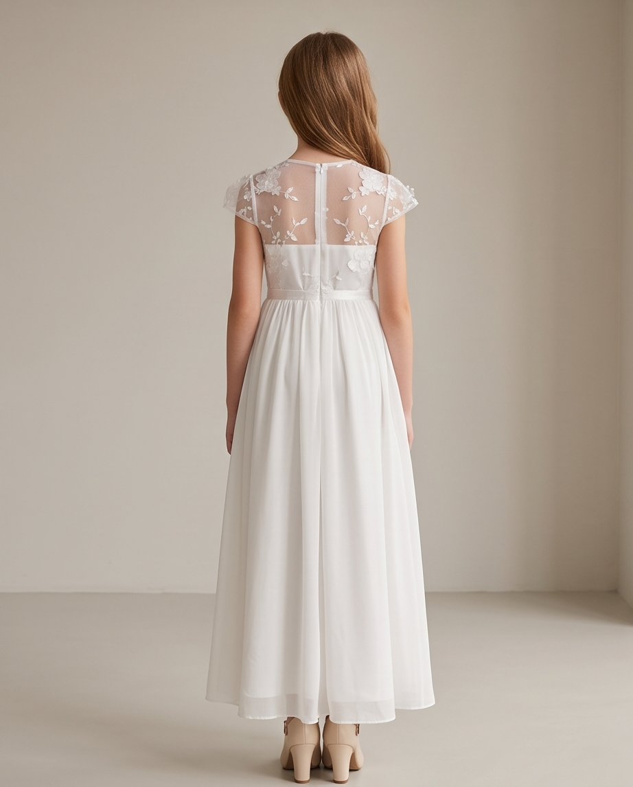 A woman viewed from the back wearing a white A-line dress with a sheer floral lace back panel and cap sleeves, standing in a neutral studio setting.