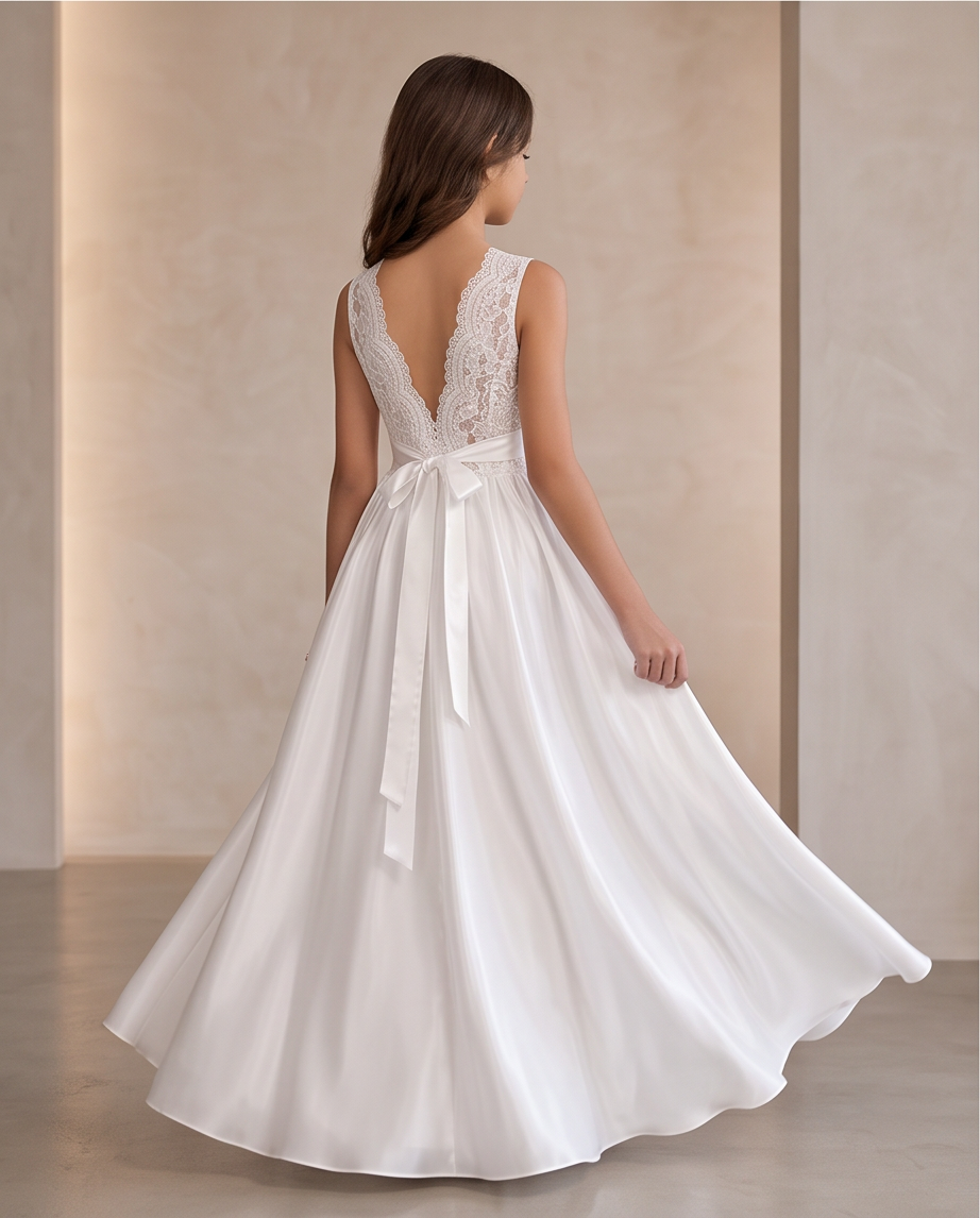 Girls white lace back dress full length back view flowing