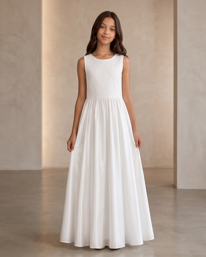 Girls white lace back dress back view close on satin bow