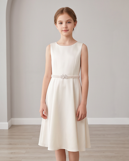 White pearl-look communion belt with infinity clasp worn over a white formal dress