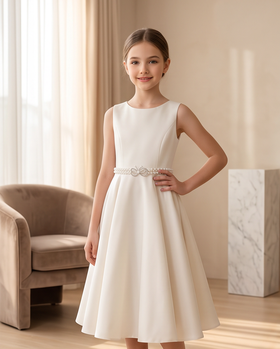 White communion belt with infinity clasp styled on a white dress