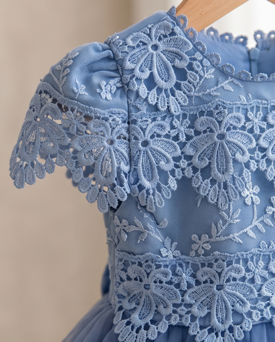 Girls dusty blue lace cap sleeve tulle dress full length