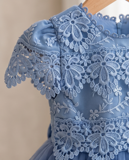 Girls dusty blue lace cap sleeve tulle dress full length