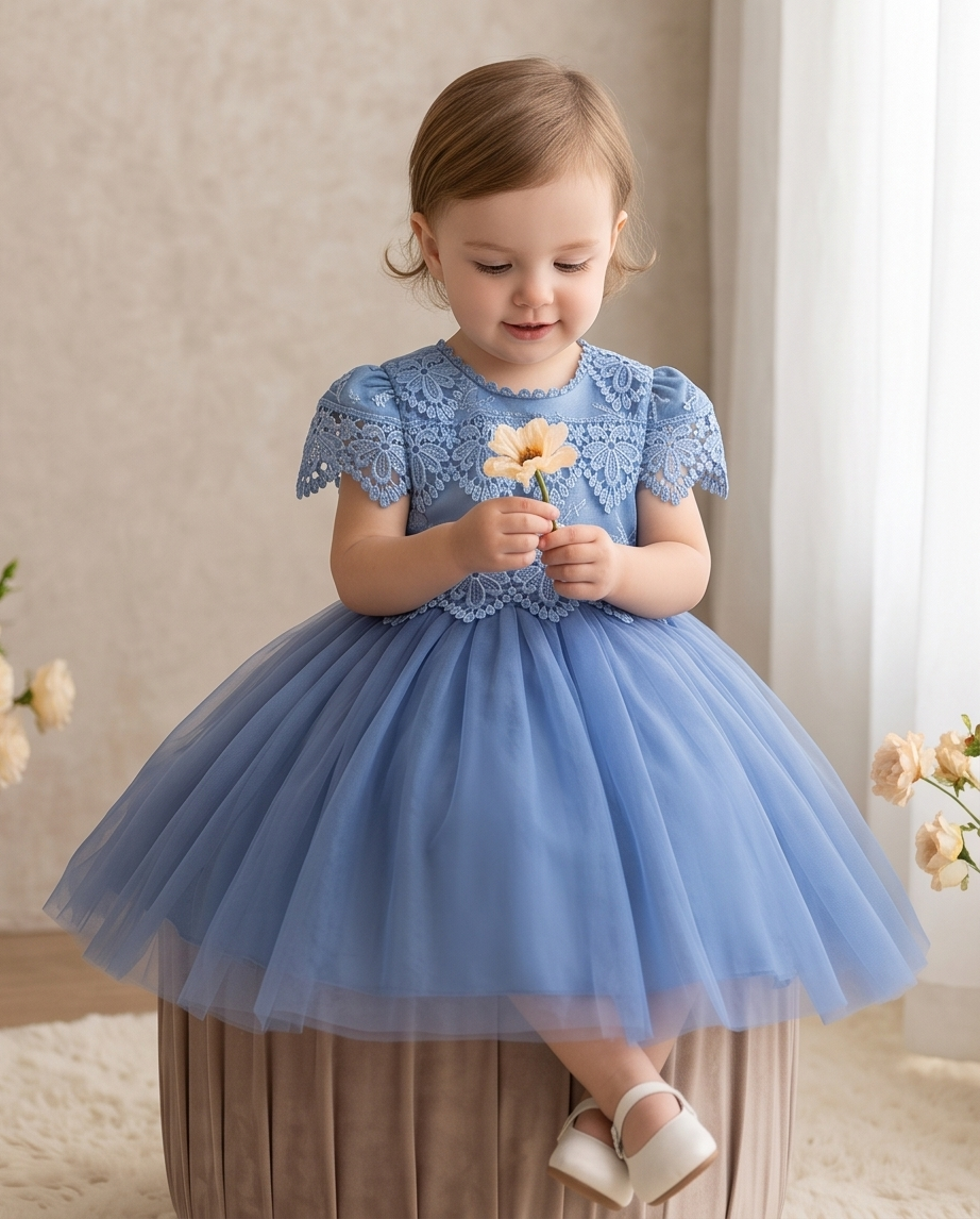 Girls pink lace cap sleeve tulle dress full length