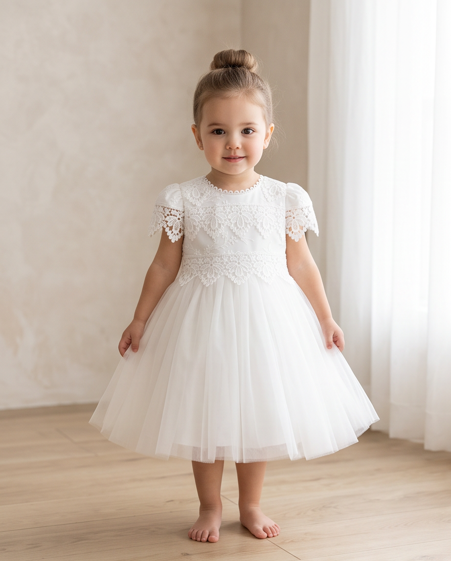 Girls white lace dress detail scalloped cap sleeves