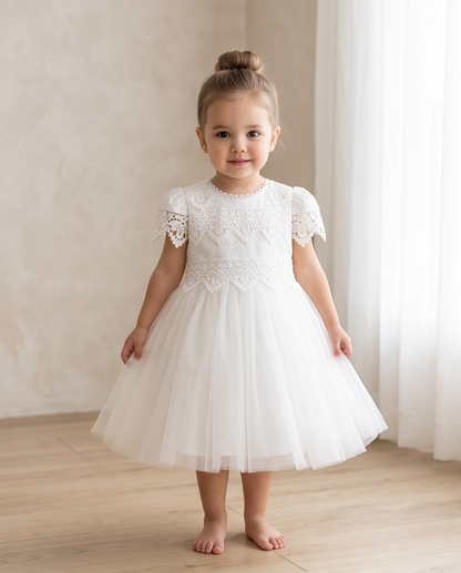Girls white lace dress detail scalloped cap sleeves