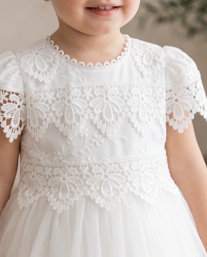 Girls white lace baptismal dress back view tulle skirt
