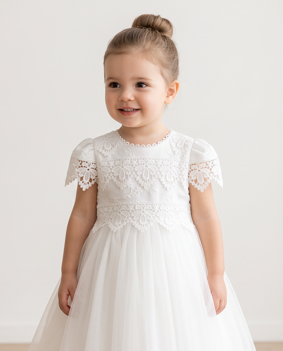 Girls white baptismal dress seated side profile view